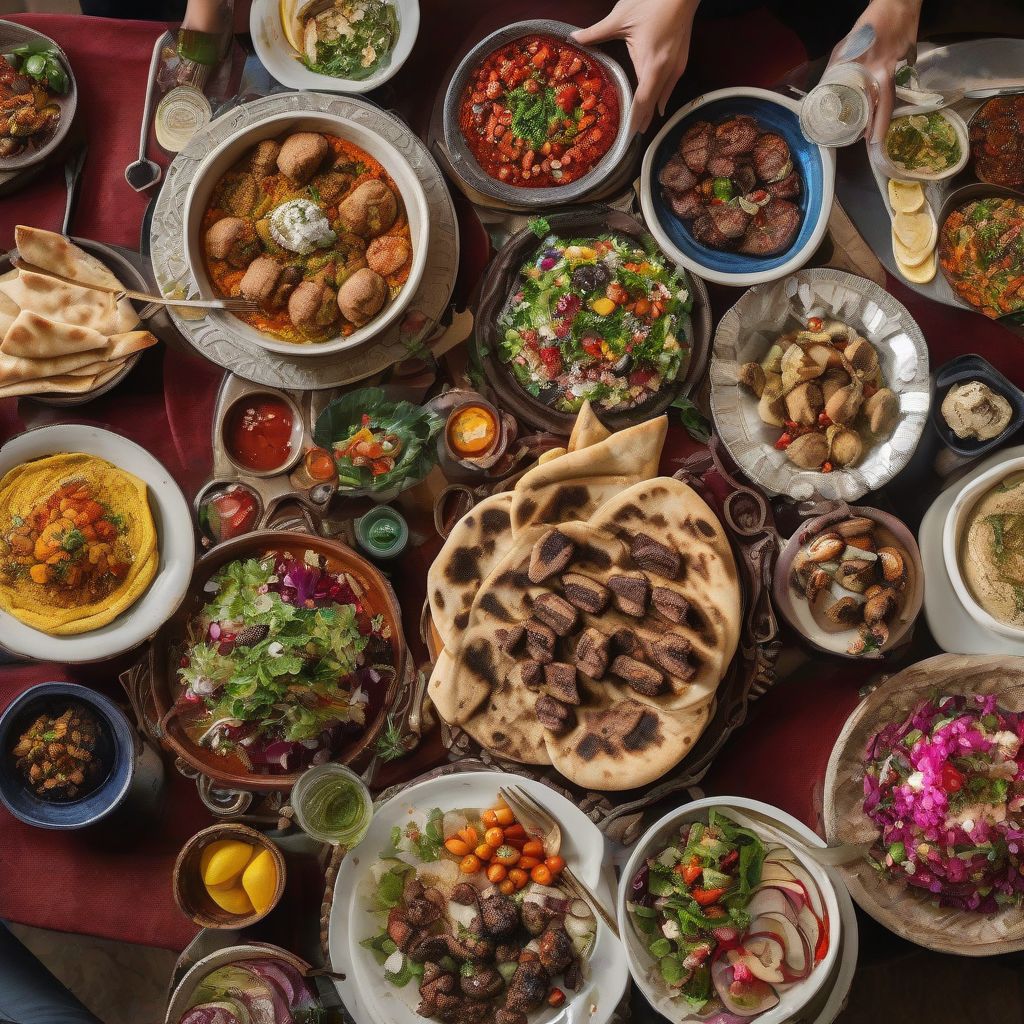 A spread of colorful Middle Eastern dishes